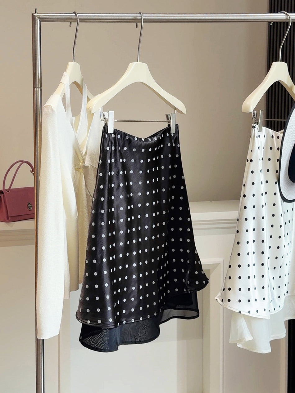 High-Waisted Polka Dot Acetate A-Line Midi Skirt Women Elegant