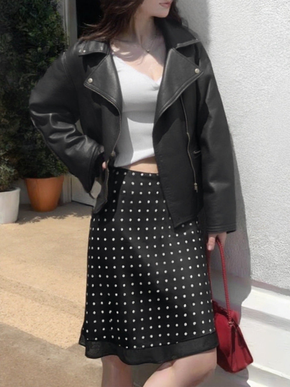 High-Waisted Polka Dot Acetate A-Line Midi Skirt Women Elegant