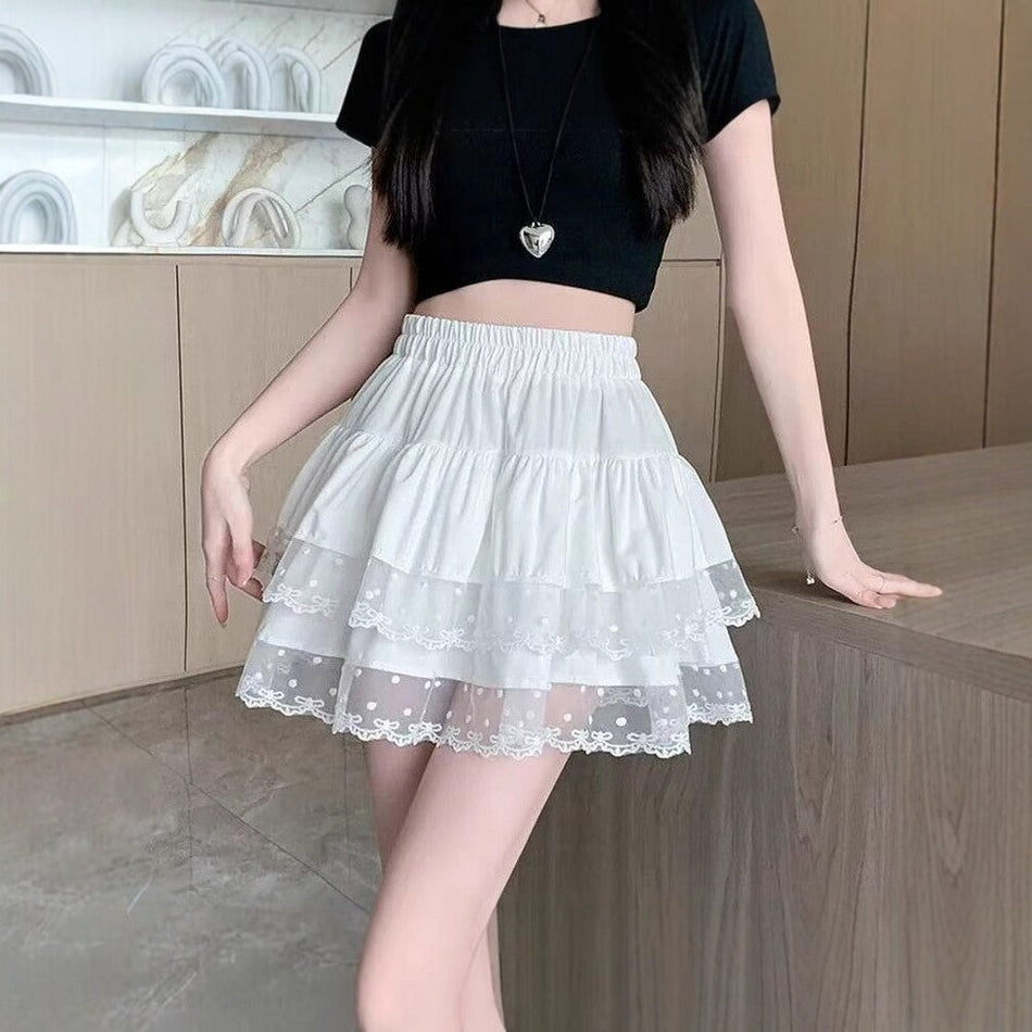 High-Waisted Lace Trim A-Line Skirt Women Black White Elegant