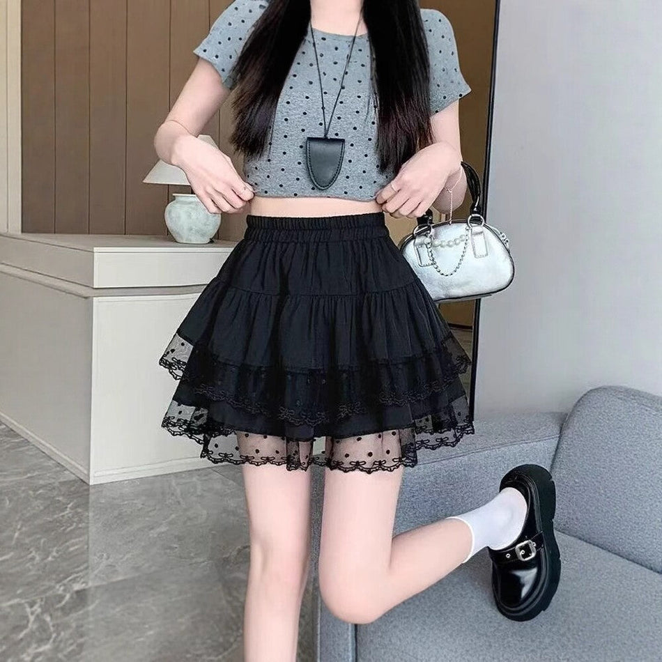 High-Waisted Lace Trim A-Line Skirt Women Black White Elegant