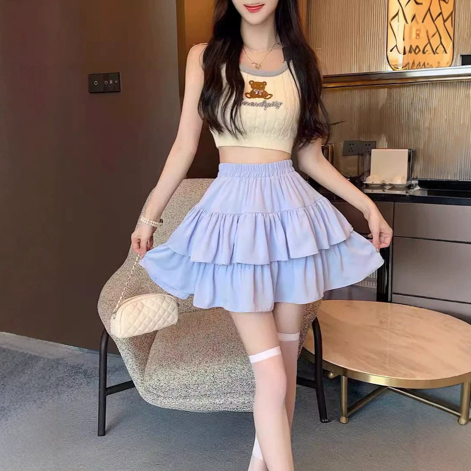 High-Waisted Ruffled Cake A-Line Skirt Women French Style