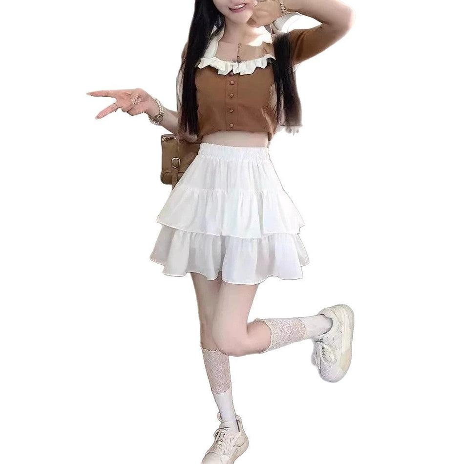 High-Waisted Ruffled Cake A-Line Skirt Women French Style