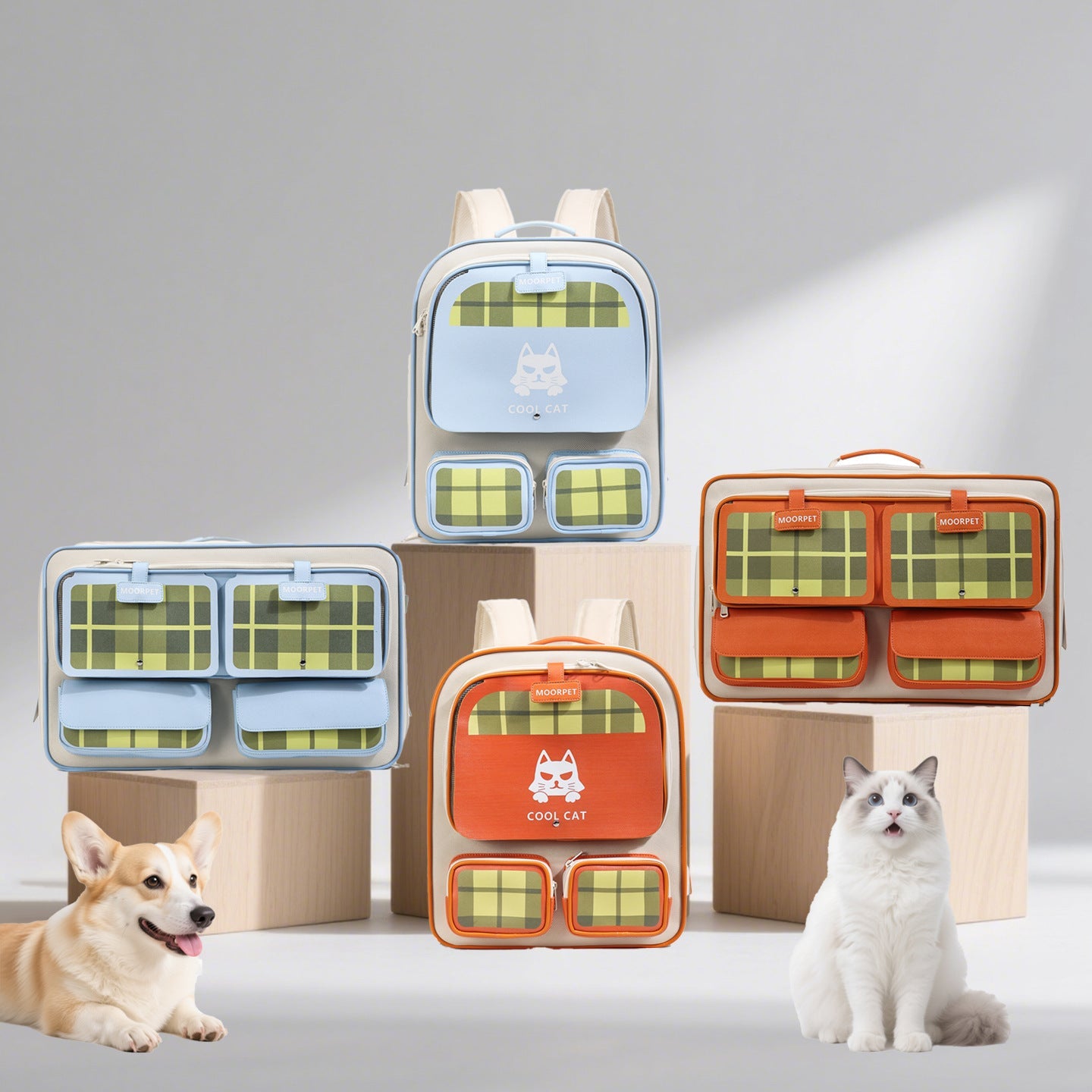 Large Capacity Breathable Plaid Pet Carrier Bag for Cats Dogs in orange