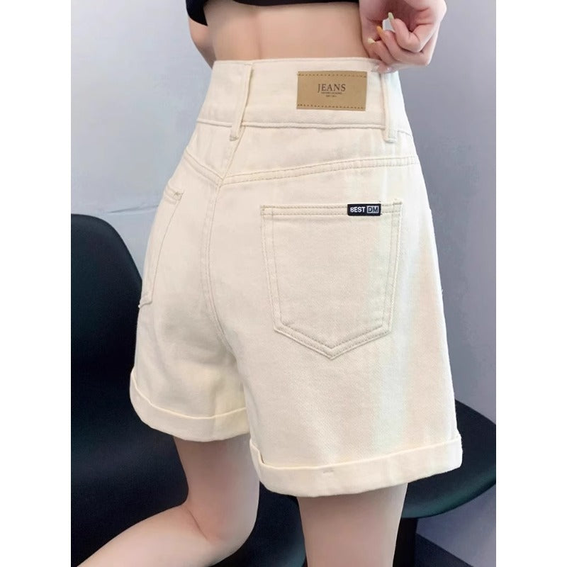 High Waist A-Line Off White Denim Shorts Women Summer