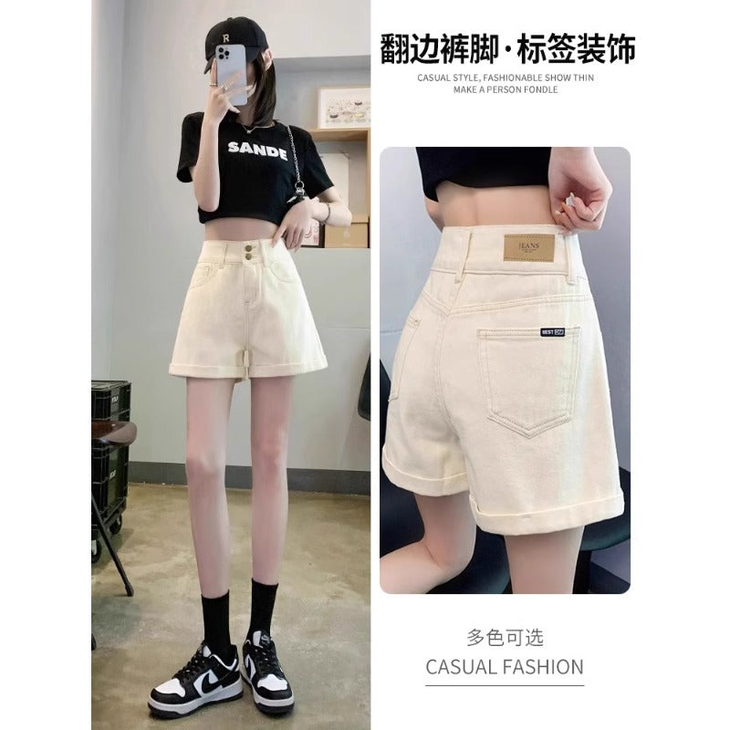 High Waist A-Line Off White Denim Shorts Women Summer