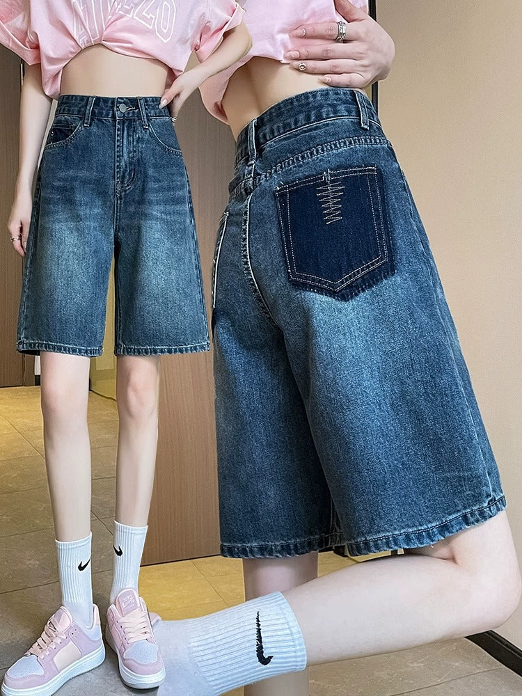 High Waist Wide Leg Denim Bermuda Shorts Women Summer