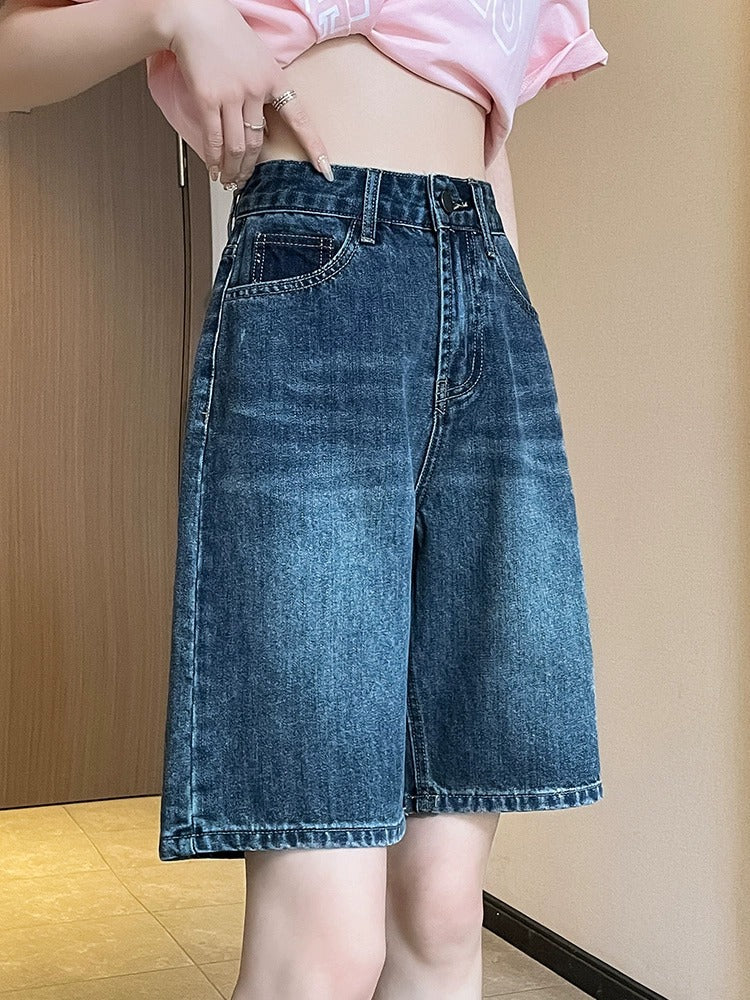 High Waist Wide Leg Denim Bermuda Shorts Women Summer