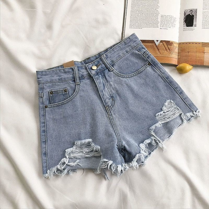 High Waist Ripped Wide Leg Denim Shorts Women Summer