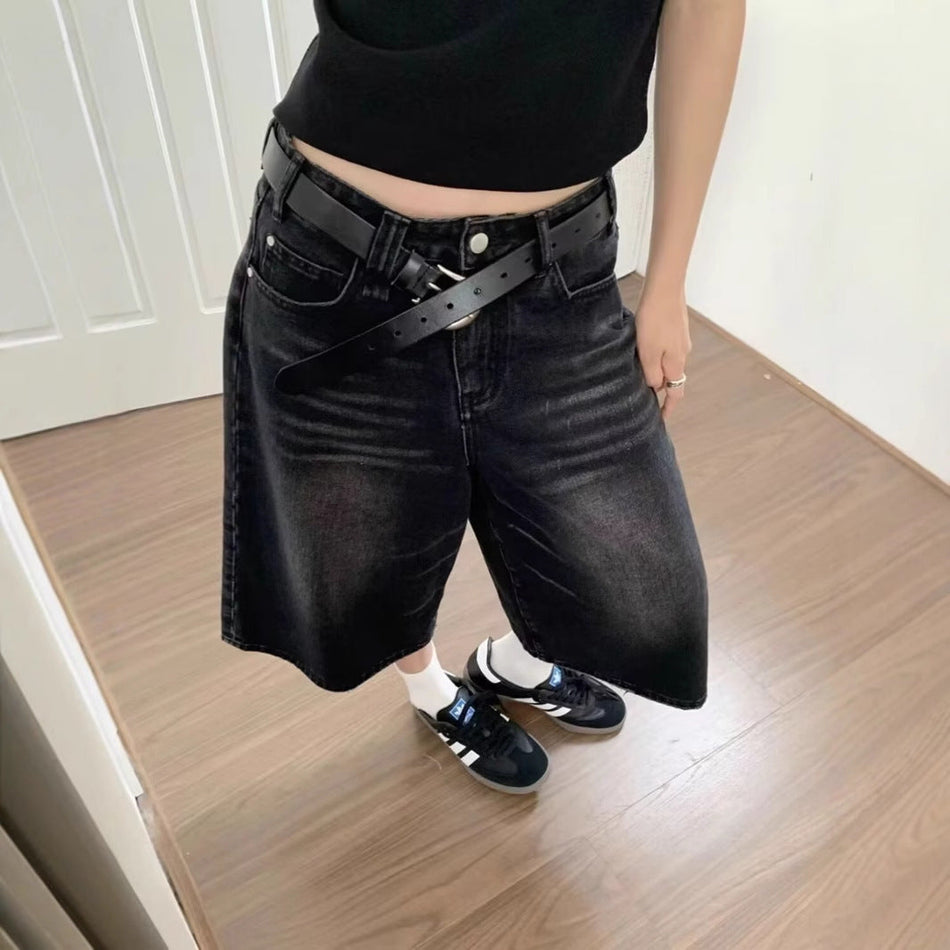 High Waist Black Denim Bermuda Shorts Women Loose Fit
