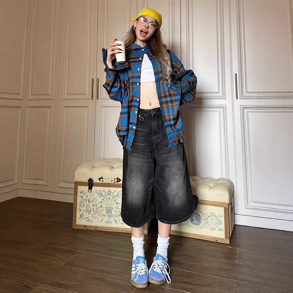 High Waist Black Denim Bermuda Shorts Women Loose Fit