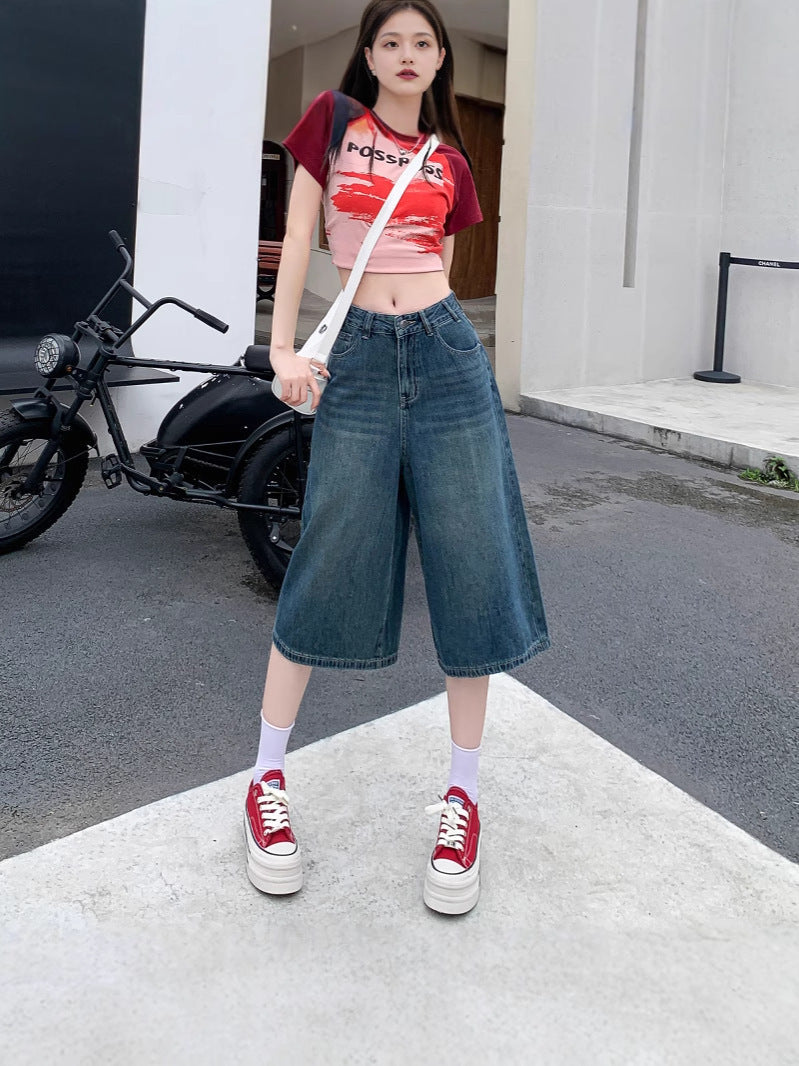 High Waist Wide Leg Cropped Jeans Women Retro Blue