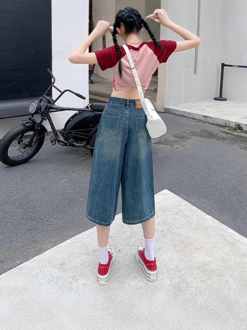 High Waist Wide Leg Cropped Jeans Women Retro Blue
