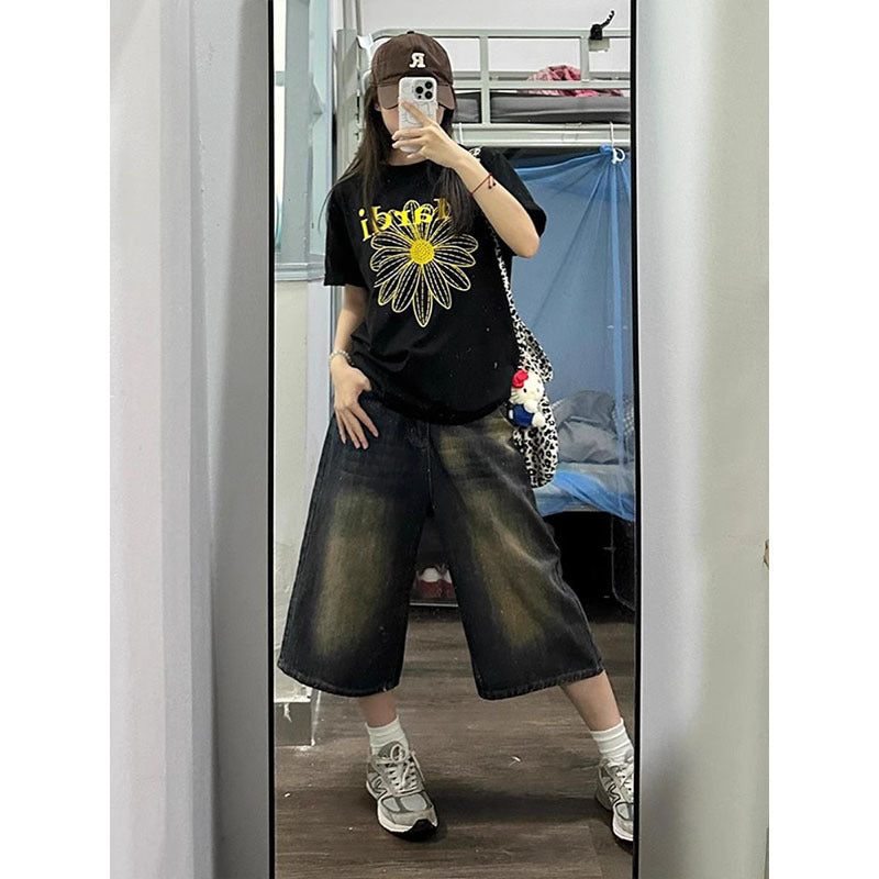 High Waist Distressed Wide Leg Denim Shorts Women Summer