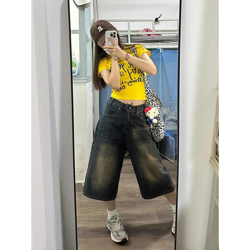 High Waist Distressed Wide Leg Denim Shorts Women Summer