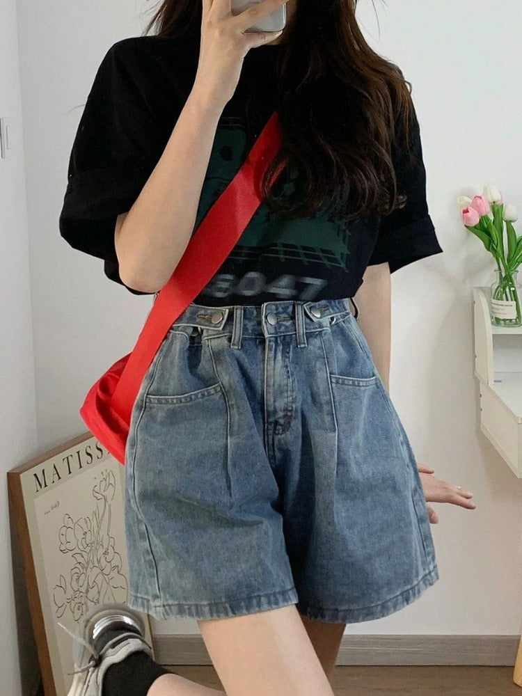 High Waist A-Line Denim Shorts Women Loose Fit Summer