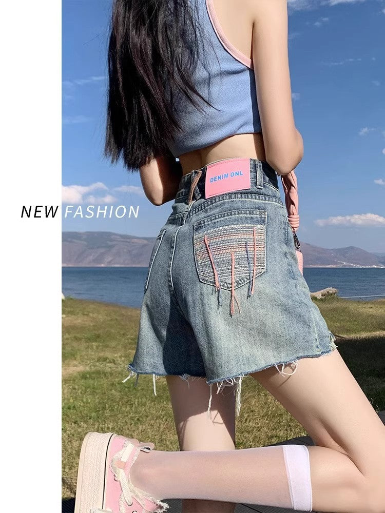 High Waist Burr Edge Wide Leg Denim Shorts Women Summer