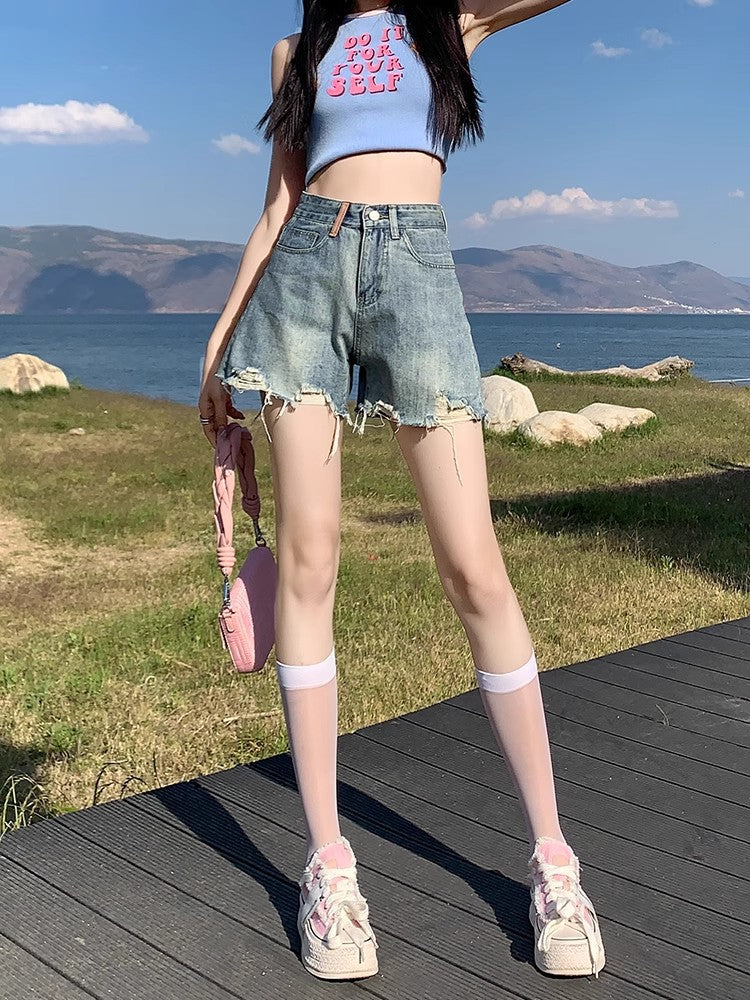 High Waist Burr Edge Wide Leg Denim Shorts Women Summer