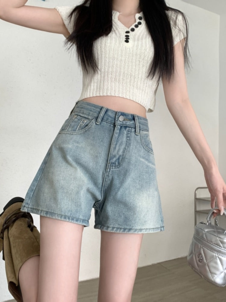 High Waist Vintage Wide Leg Denim Shorts Women Summer