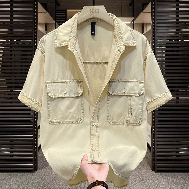 Men's Casual Denim Short Sleeve Shirt – Summer Loose Fit Overshirt in Light Gray