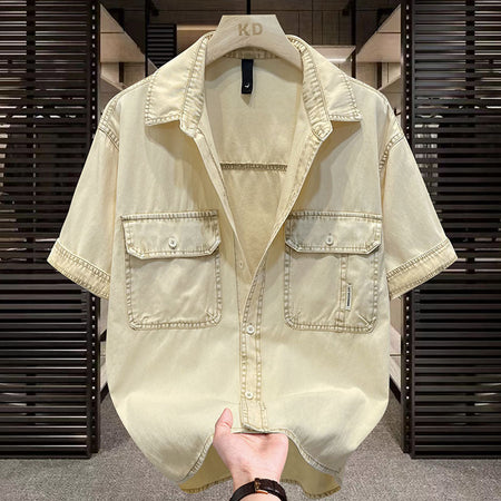Men's Casual Denim Short Sleeve Shirt – Summer Loose Fit Overshirt in Light Gray
