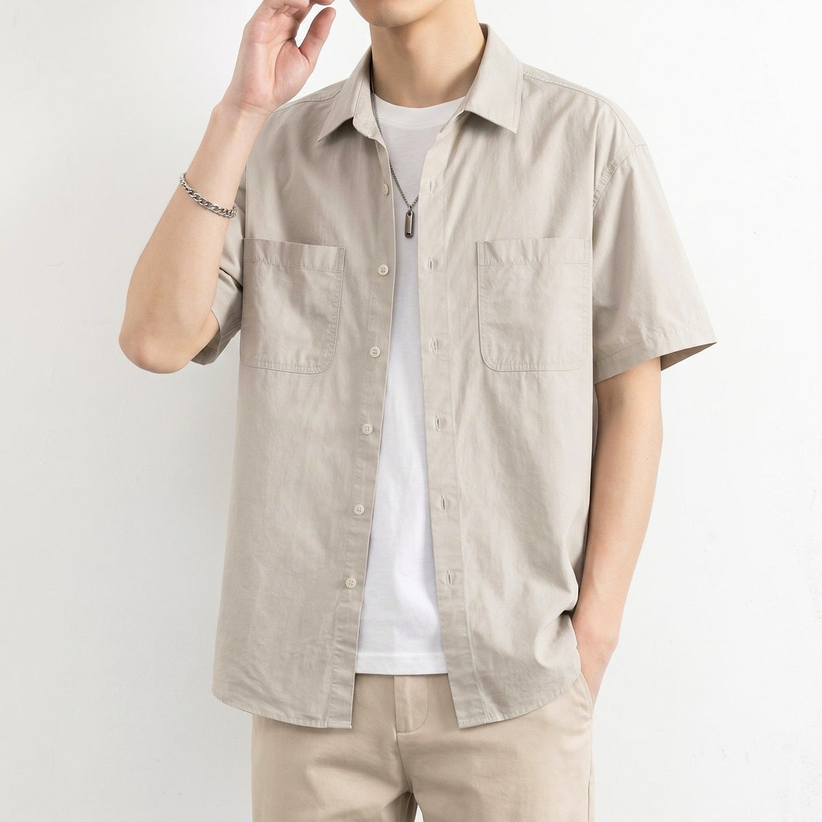 Men's Premium Cotton Short Sleeve Shirt – Loose Fit Shirt in Porcelain White Ash