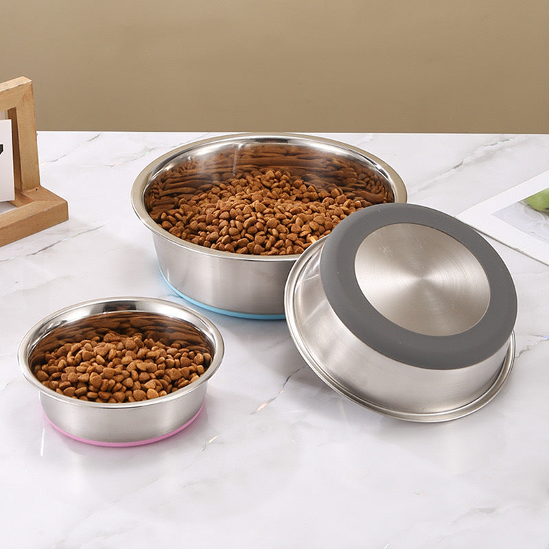 Thickened Stainless Steel Pet Bowl with Non-Slip Silicone Base in pink