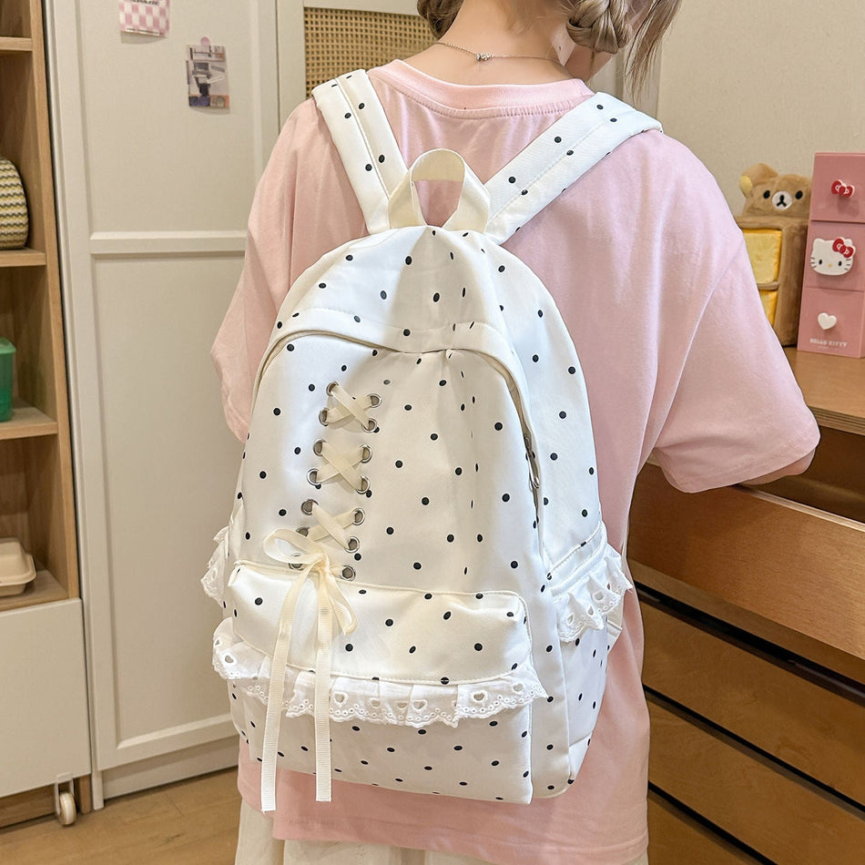 Japanese-Style Polka Dot Lace Backpack for Female Students