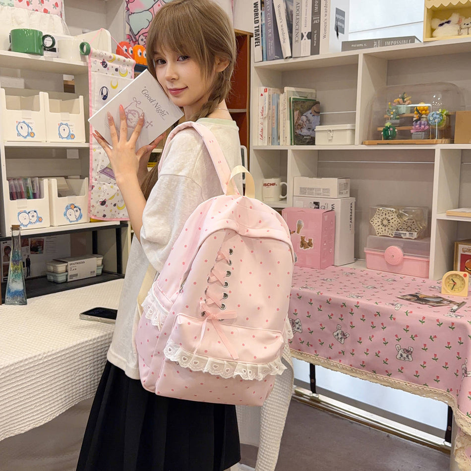 Japanese-Style Polka Dot Lace Backpack for Female Students