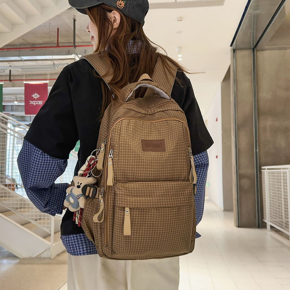 Korean Style Plaid Large Capacity Backpack for Women Students