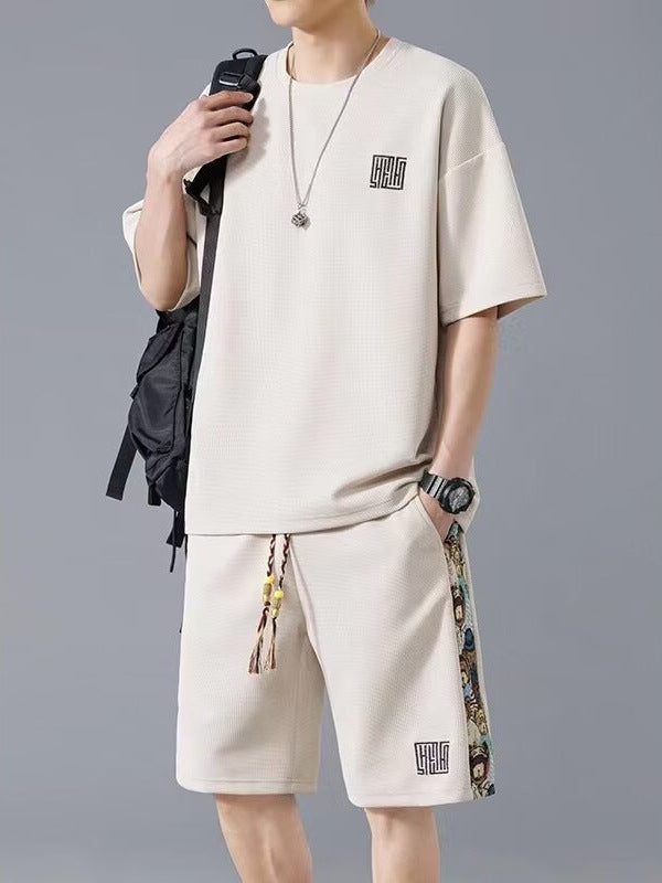 Men's Waffle Embroidery Two-Piece Set – Breathable Casual Fit