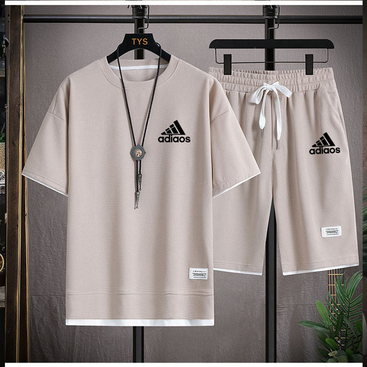 Men's Waffle Knit Two-Piece Set – Casual Sports Fit T-Shirt