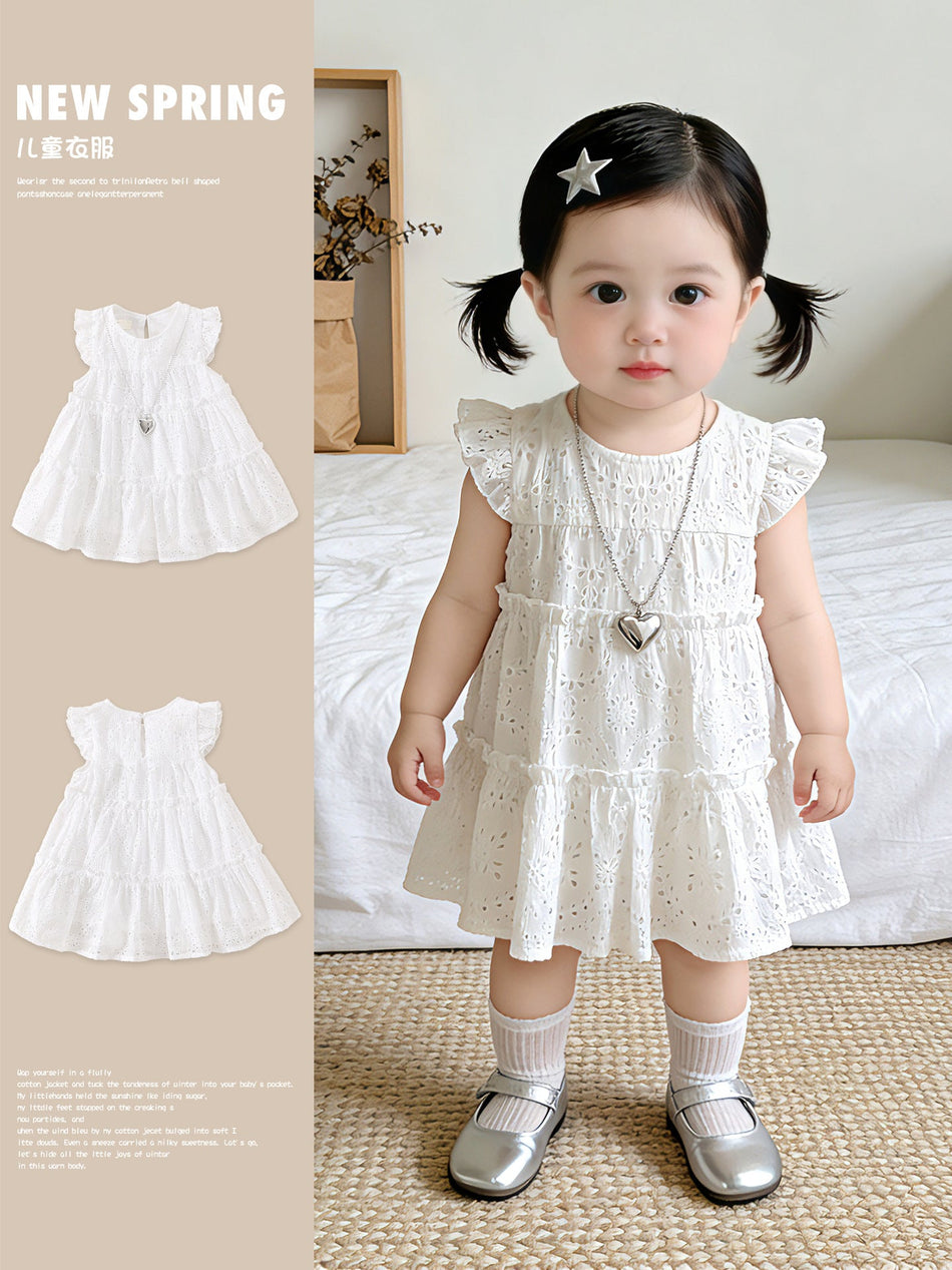 Summer Embroidered Tulle Princess Dress Girls Flutter Sleeves