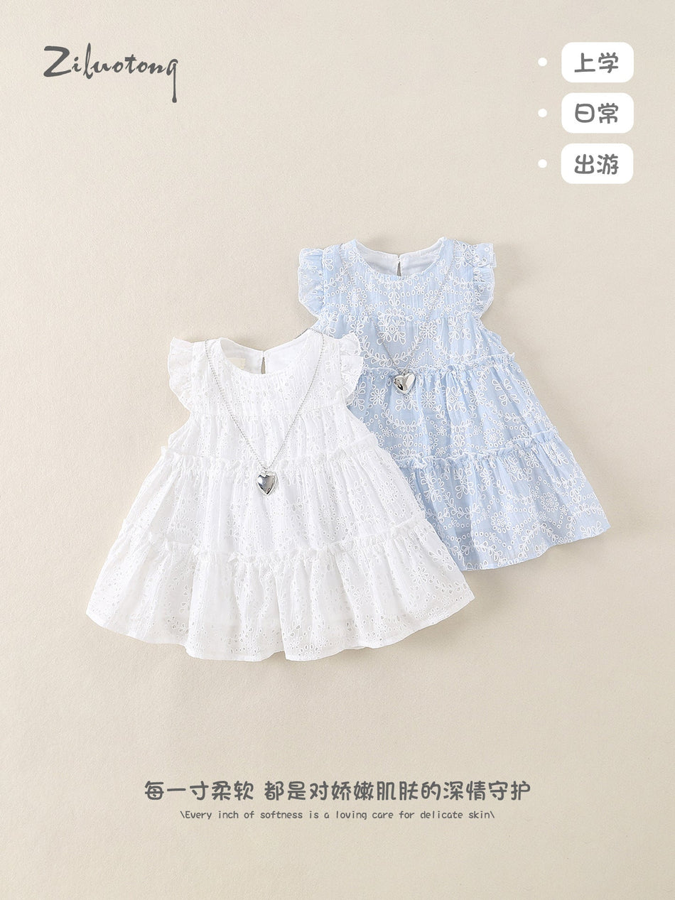 Summer Embroidered Tulle Princess Dress Girls Flutter Sleeves