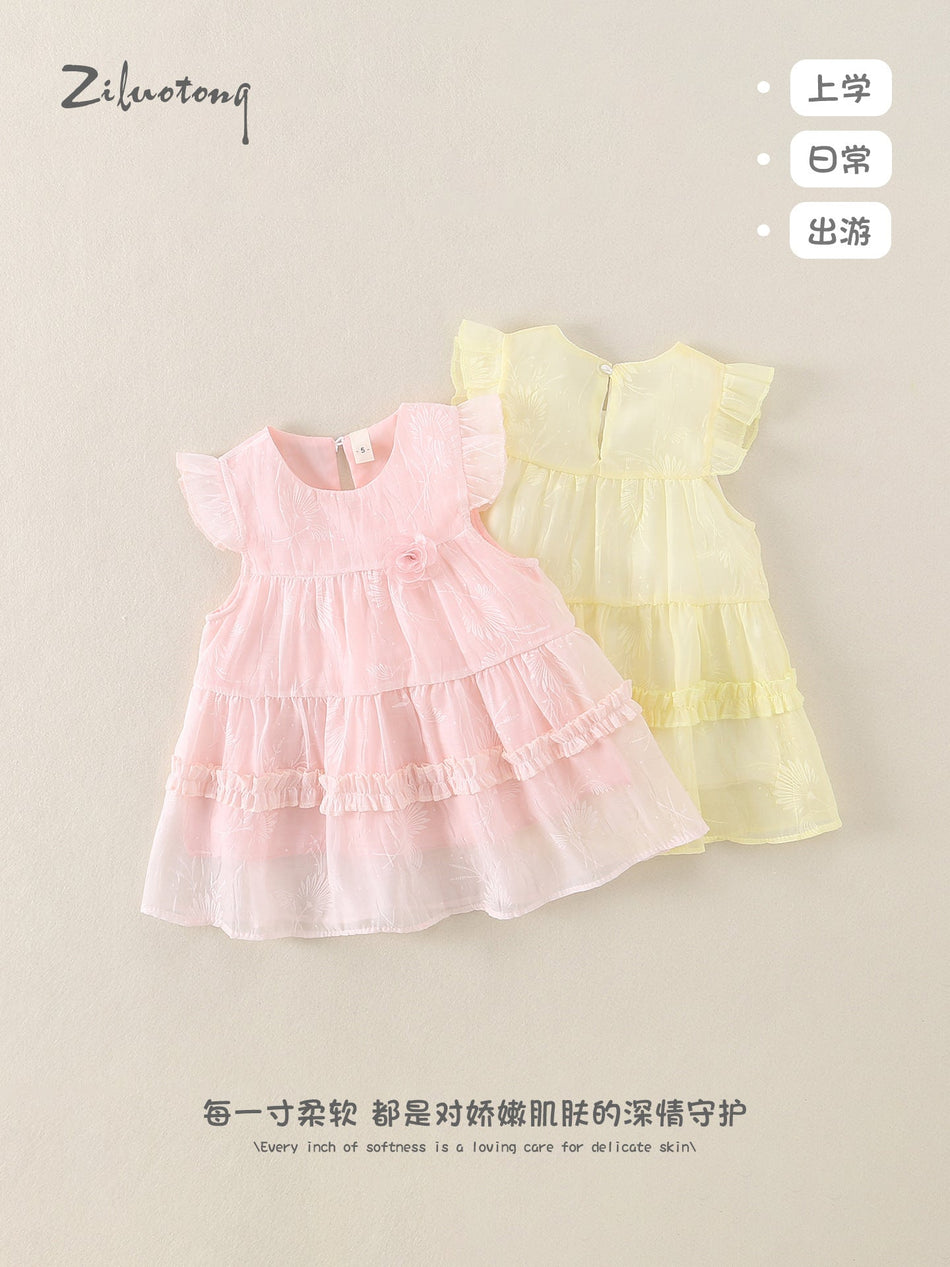 Sweet Flying Sleeve Cake Dress for Baby Girls