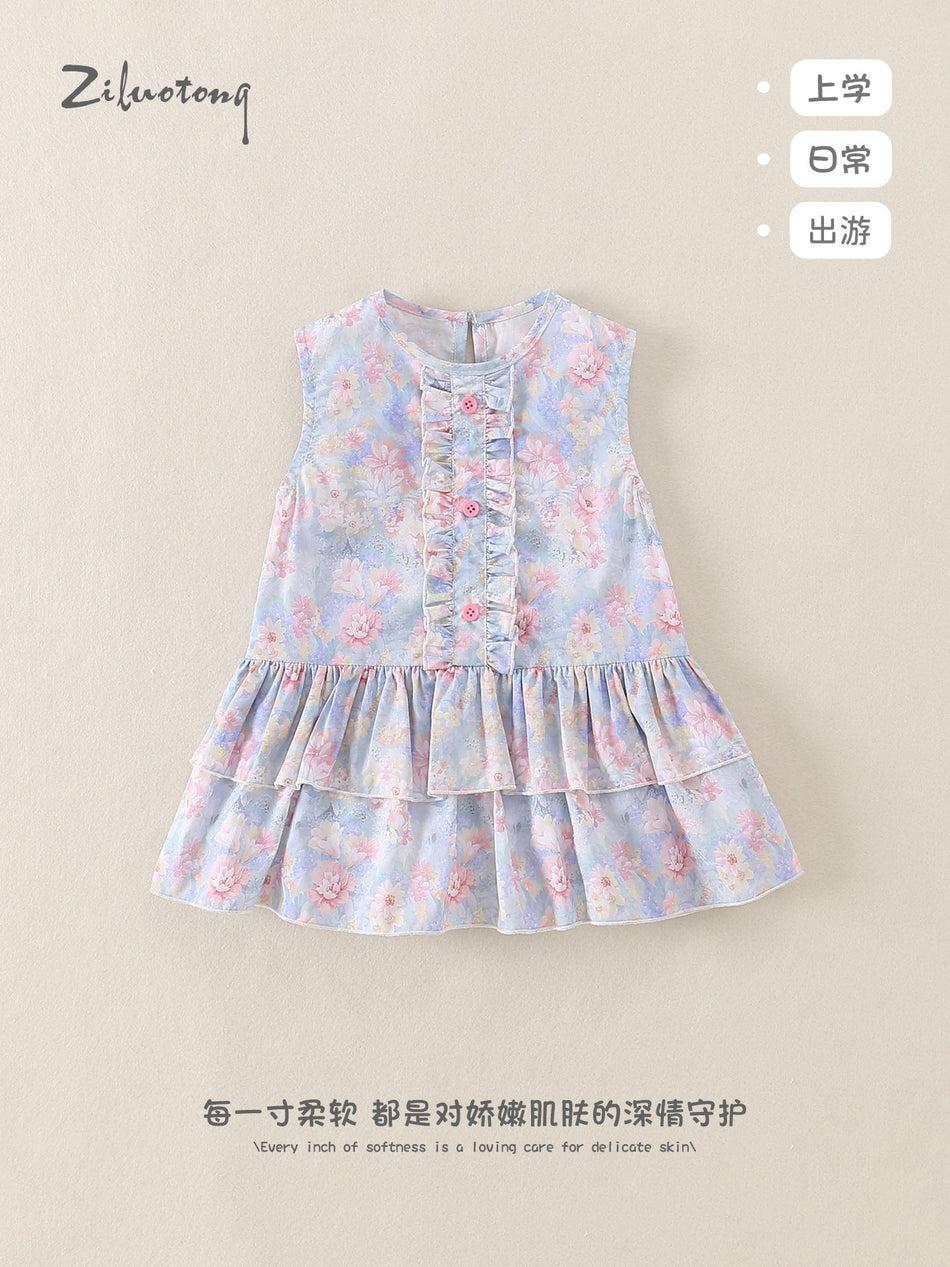 Girls’ Sleeveless Floral Cotton Doll Collar Summer Dress