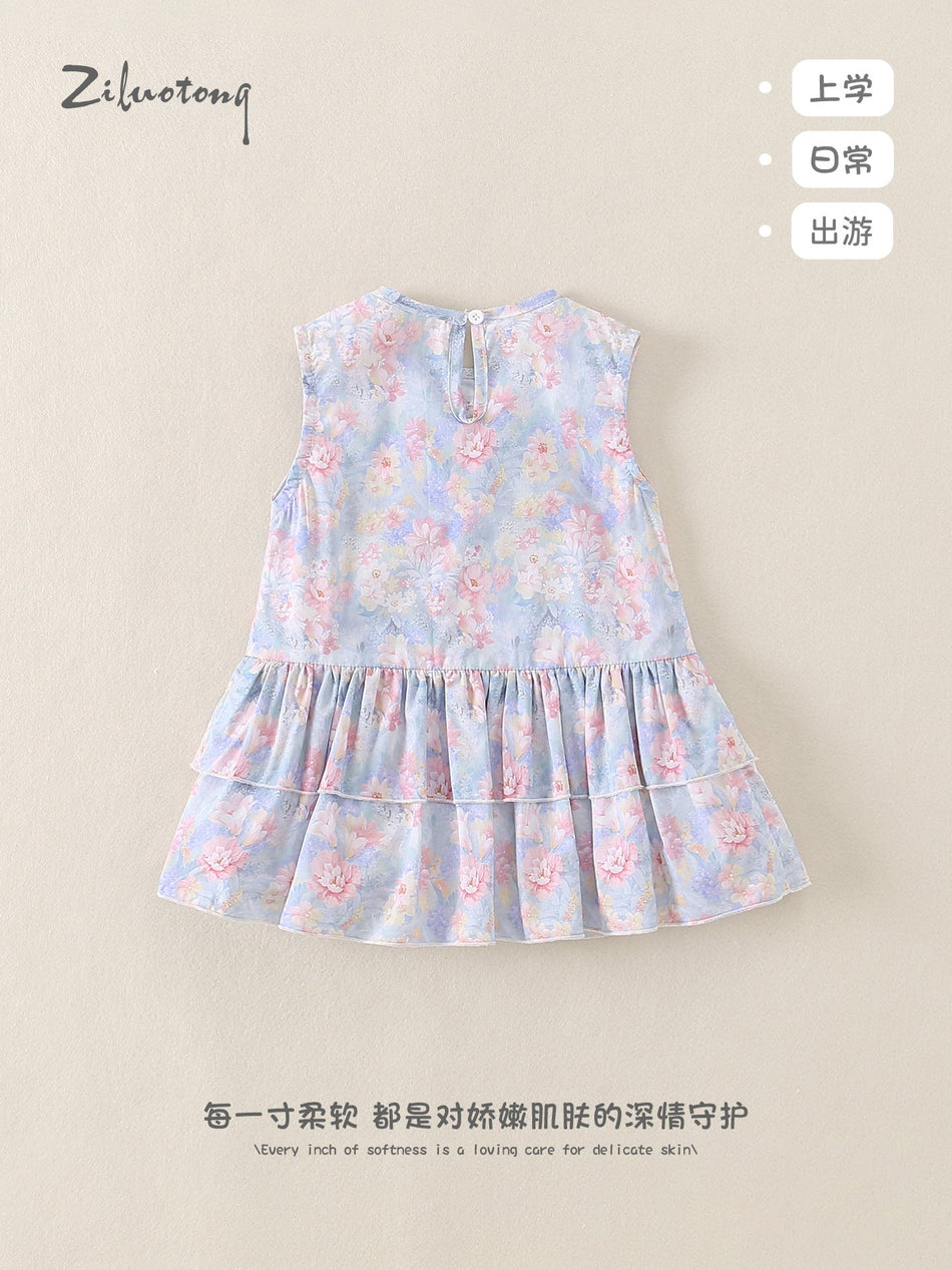 Girls’ Sleeveless Floral Cotton Doll Collar Summer Dress