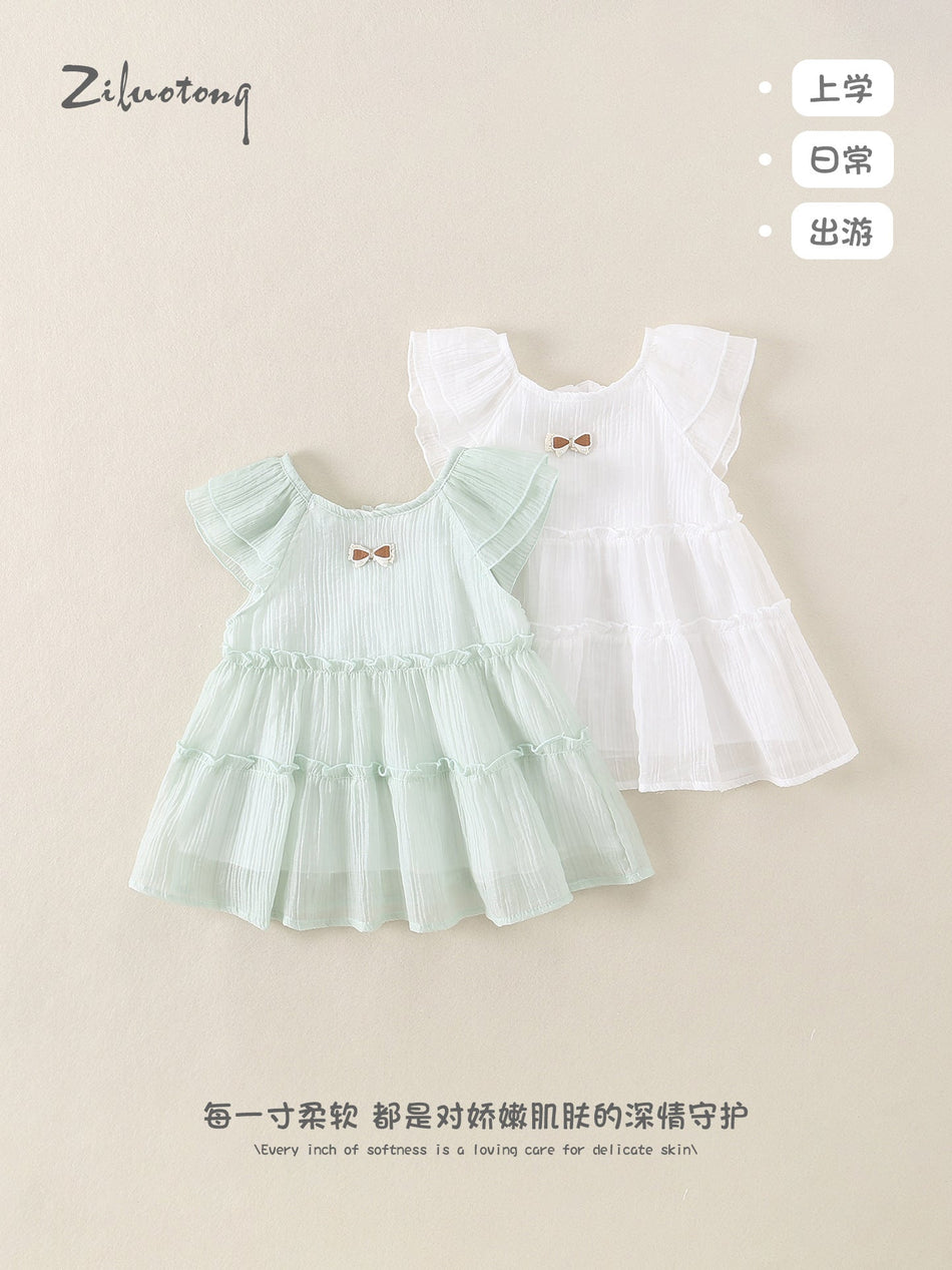 Korean Style Flying Sleeve Ruffle Cake Dress for Girls