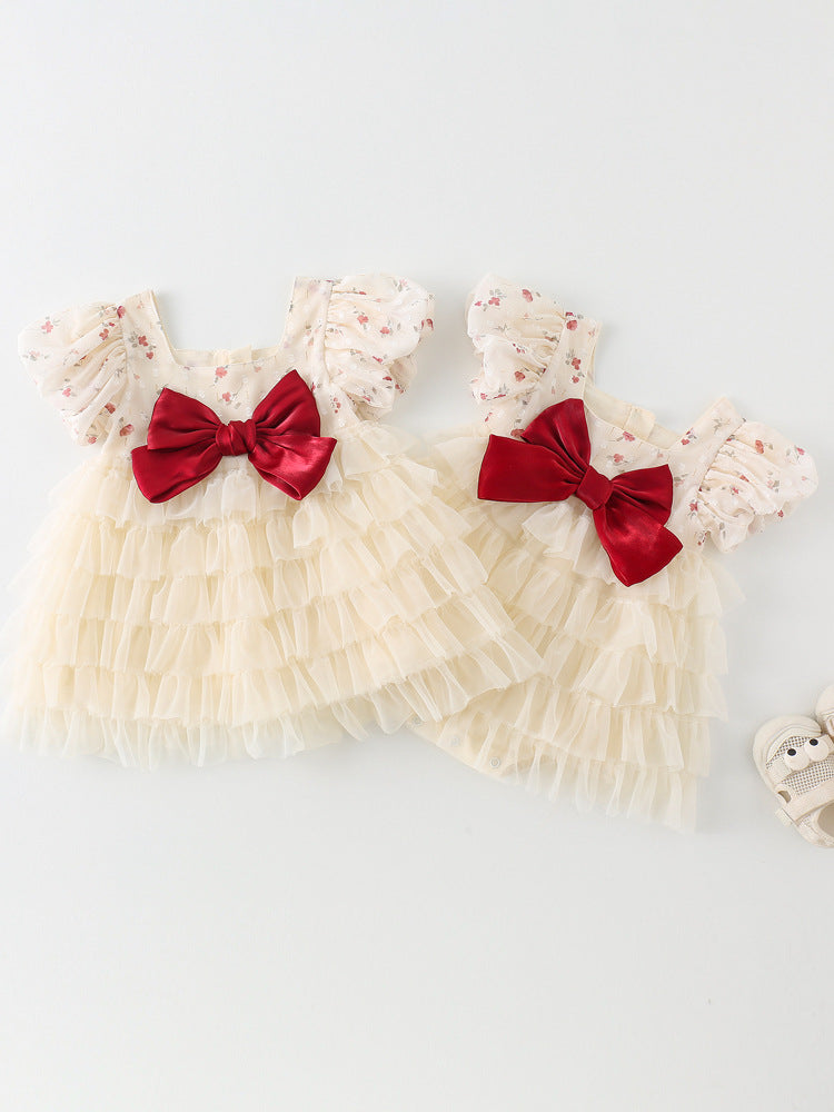 Pure Cotton Bow Tie Princess Bodysuit for Babies and Young