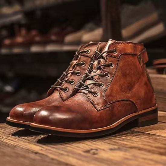 Men's American Style Wide Toe Motorcycle Work Boots in Dark Brown