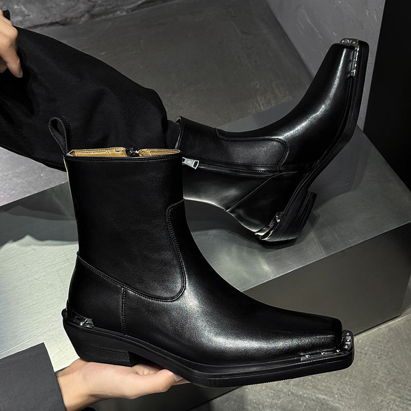 Men's Chelsea Boots Square Toe Iron Toe Zipper Casual Boots in Black