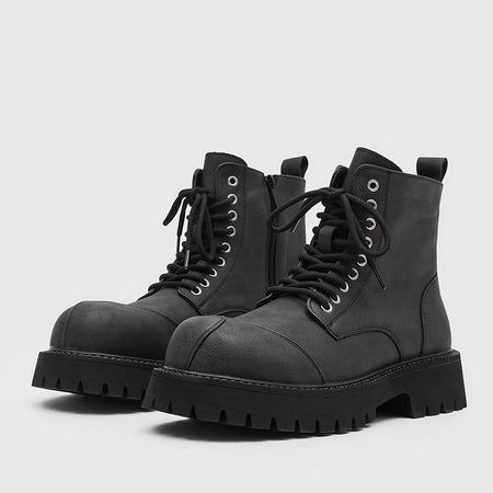 Men's British Style High Top Retro Motorcycle Work Boots in Black