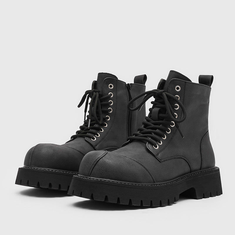 Men's British Style High Top Retro Motorcycle Work Boots in Black