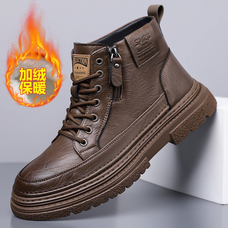 Men's British Retro Leather Martin Boots Fleece Lined High Top