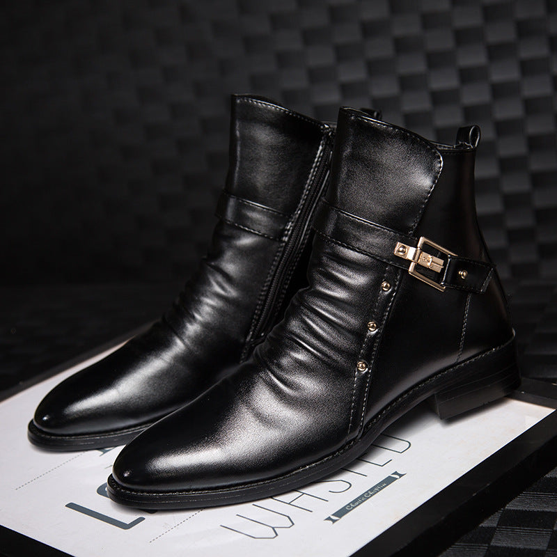 Men's British Style High Top Leather Martin Boots Pointed Toe in Black