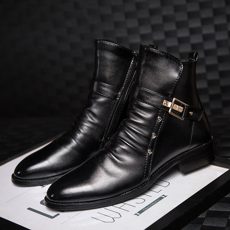Men's British Style High Top Leather Martin Boots Pointed Toe in Black