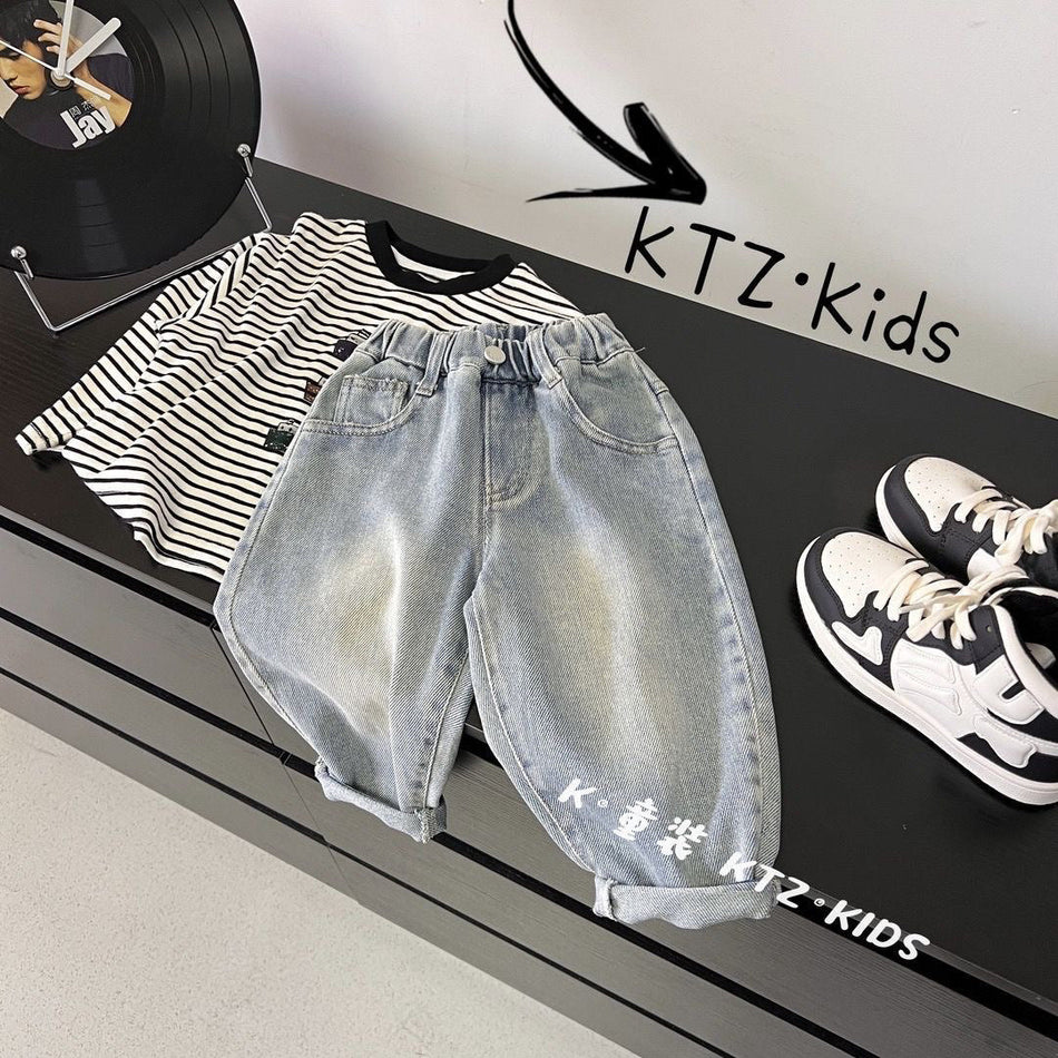 Kids Graffiti Denim Pants Loose Fit Cotton Jeans for Children