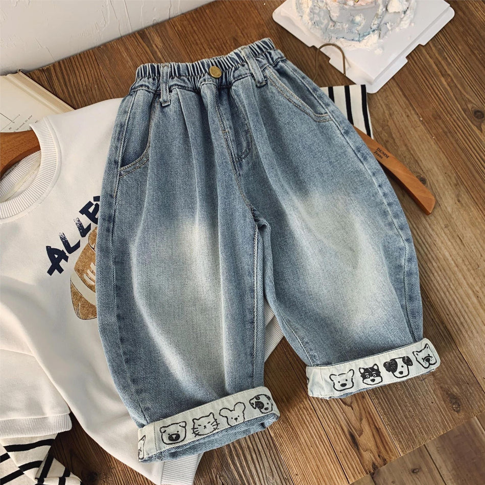 Kids Soft Denim Pants Loose Fit Korean Style Casual Trousers
