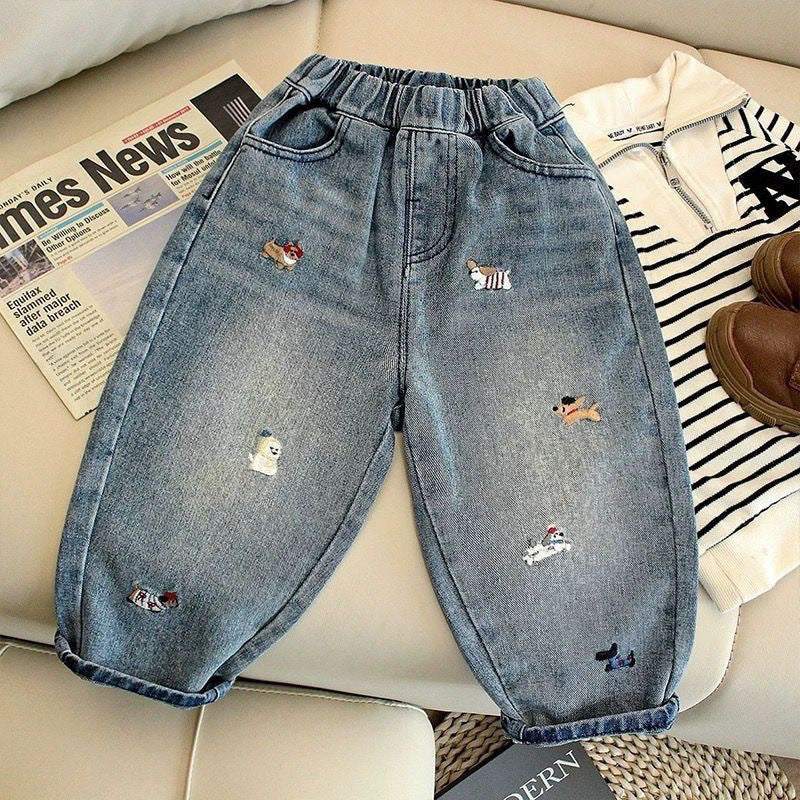Kids Embroidered Denim Pants Korean Style Casual Cotton Jeans