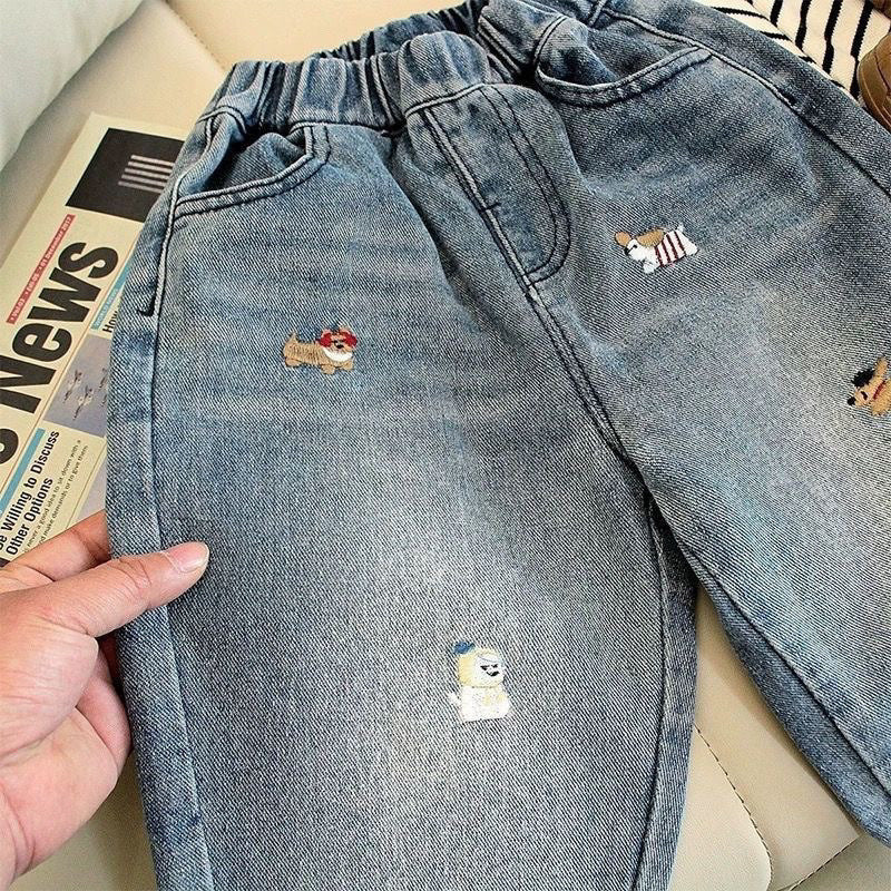 Kids Embroidered Denim Pants Korean Style Casual Cotton Jeans