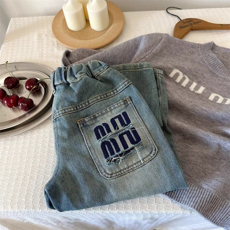 Kids Letter Print Straight Leg Jeans Korean Style Denim Pants